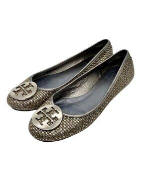 TORY BURCH~Reva Woven Metallic Ballet Flats~LEATHER SHOES in PEWTER & SILVER